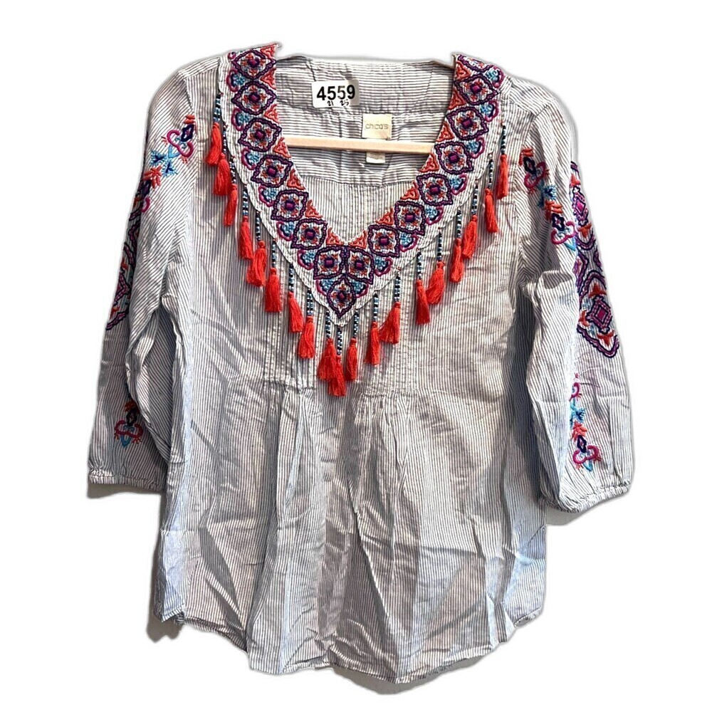 Chico's Blue Blouse Small Embroidered Boho Pinstripe Tassel Classic Preppy Women